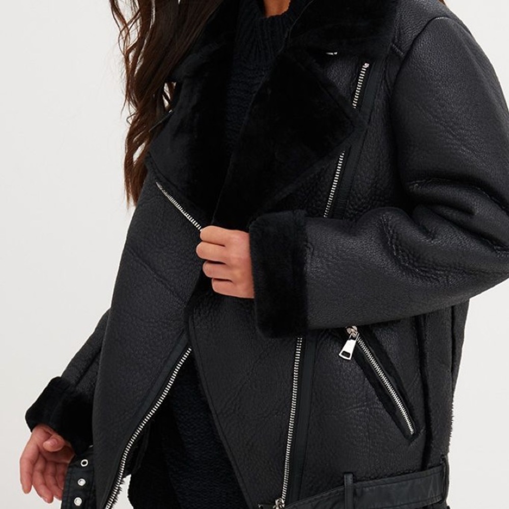 Sherpa faux leather aviator moto jacket